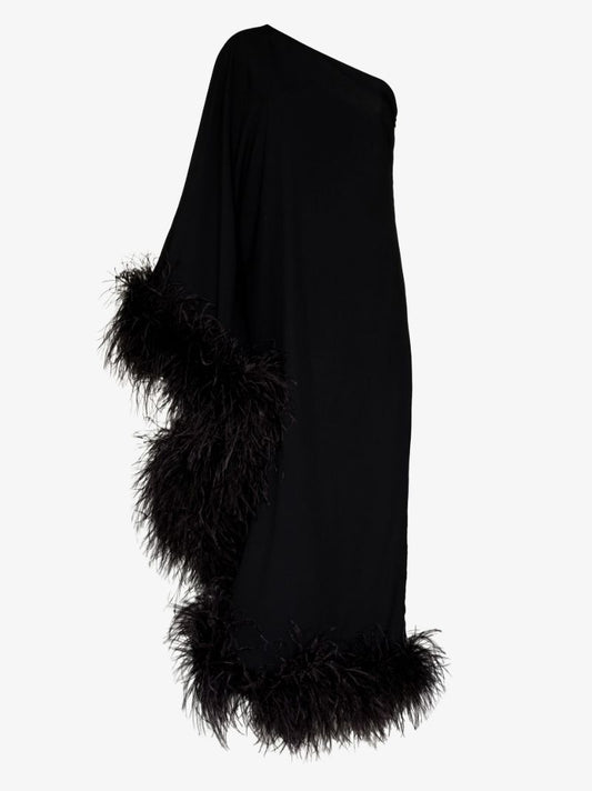 Black Ubud One Shoulder Feather-trim Gown