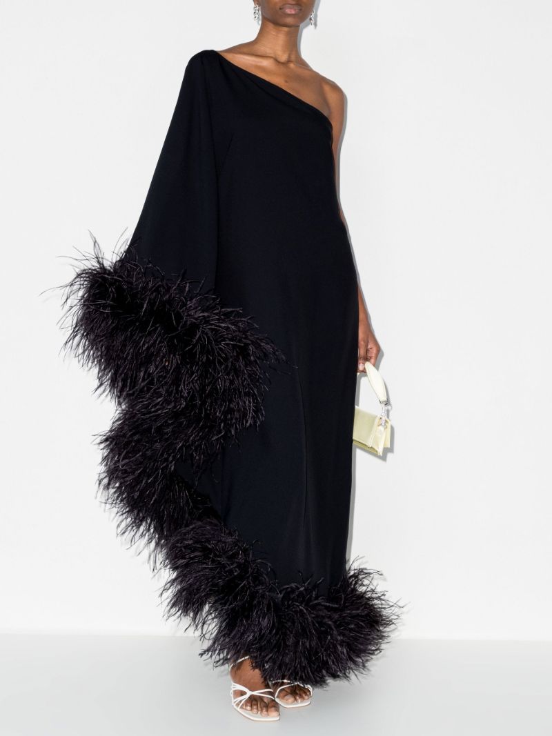 Black Ubud One Shoulder Feather-trim Gown