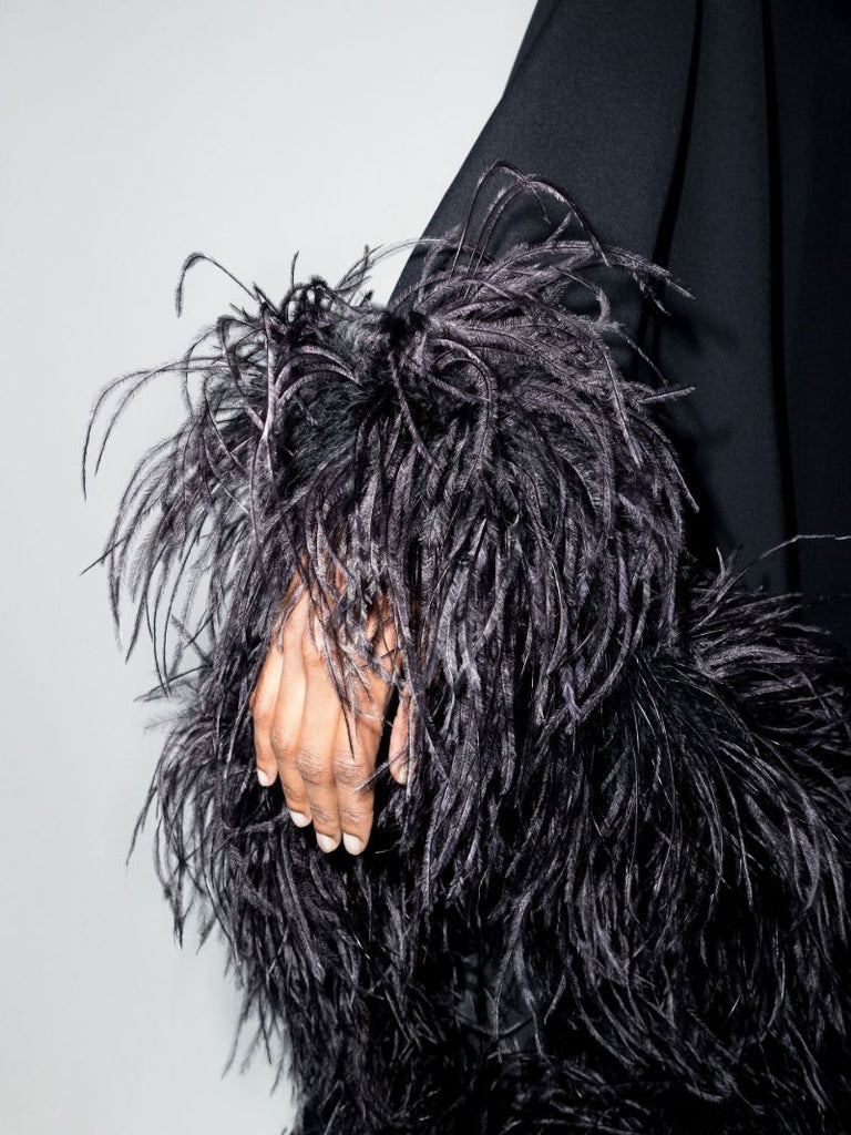 Black Ubud One Shoulder Feather-trim Gown