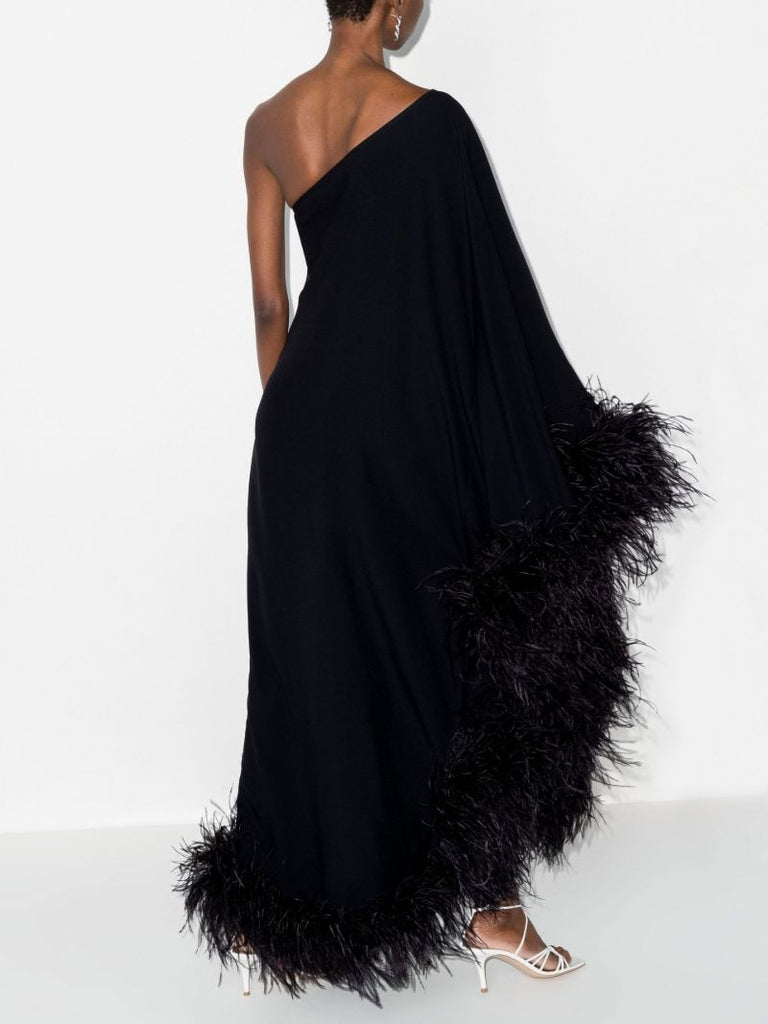 Black Ubud One Shoulder Feather-trim Gown