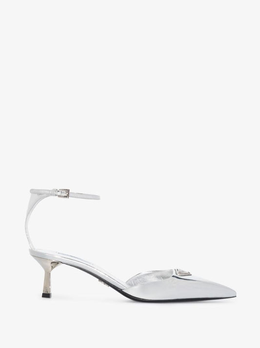 Silver 65 Metallic Logo Plaque Leather Pumps