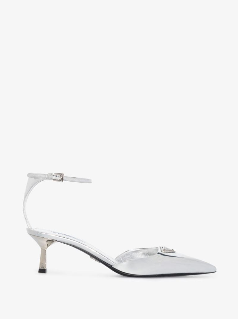 Silver 65 Metallic Logo Plaque Leather Pumps