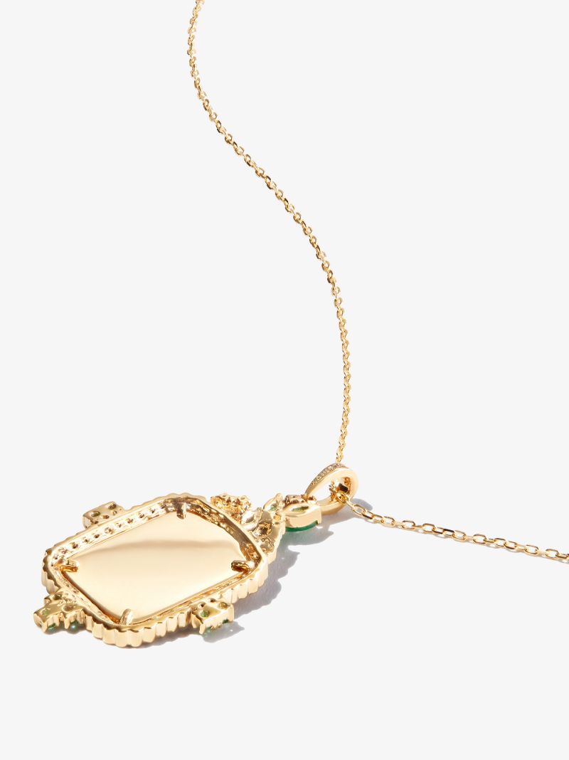 18k Yellow Gold Ayat Al-kursi Diamond Emerald Pendant Necklace
