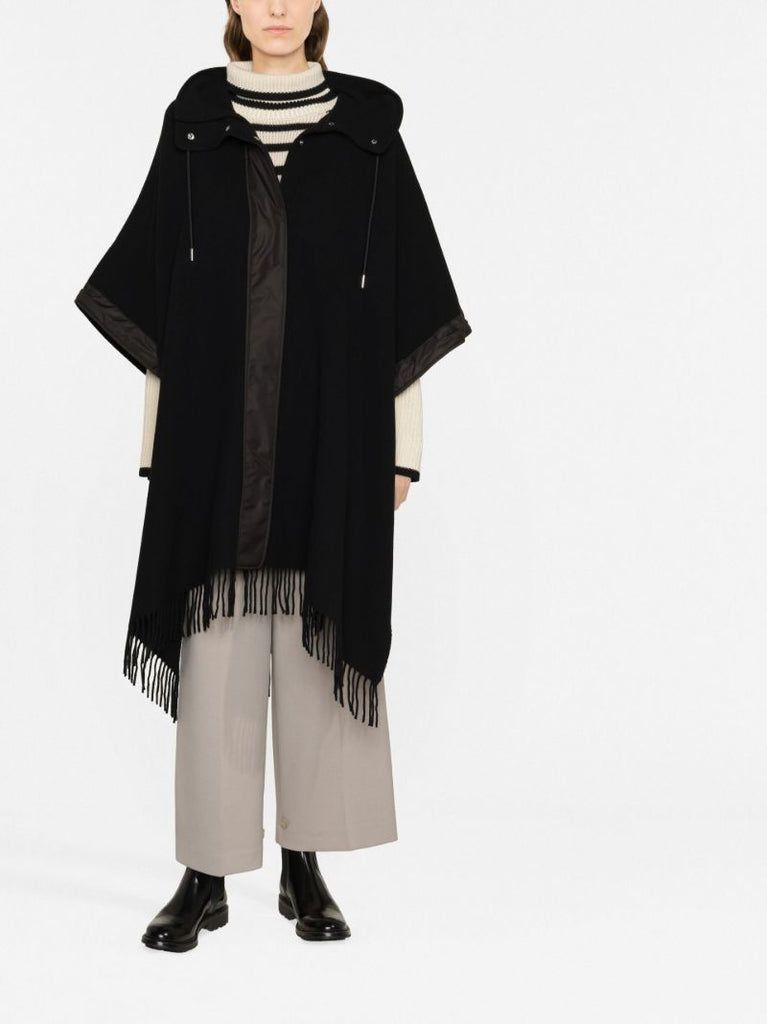 Black Hooded Fringed Wool Cape