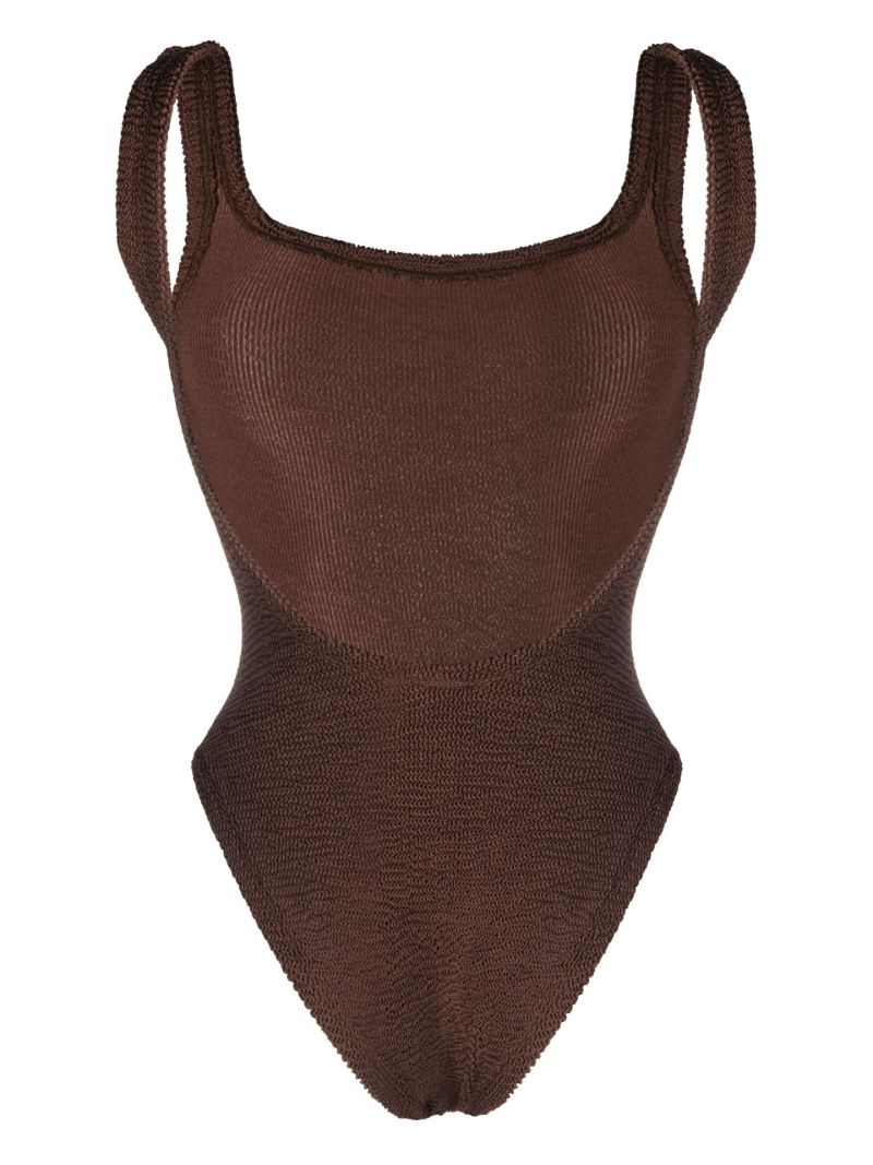 Brown Classic Square Neck Crinkle Swimsuit