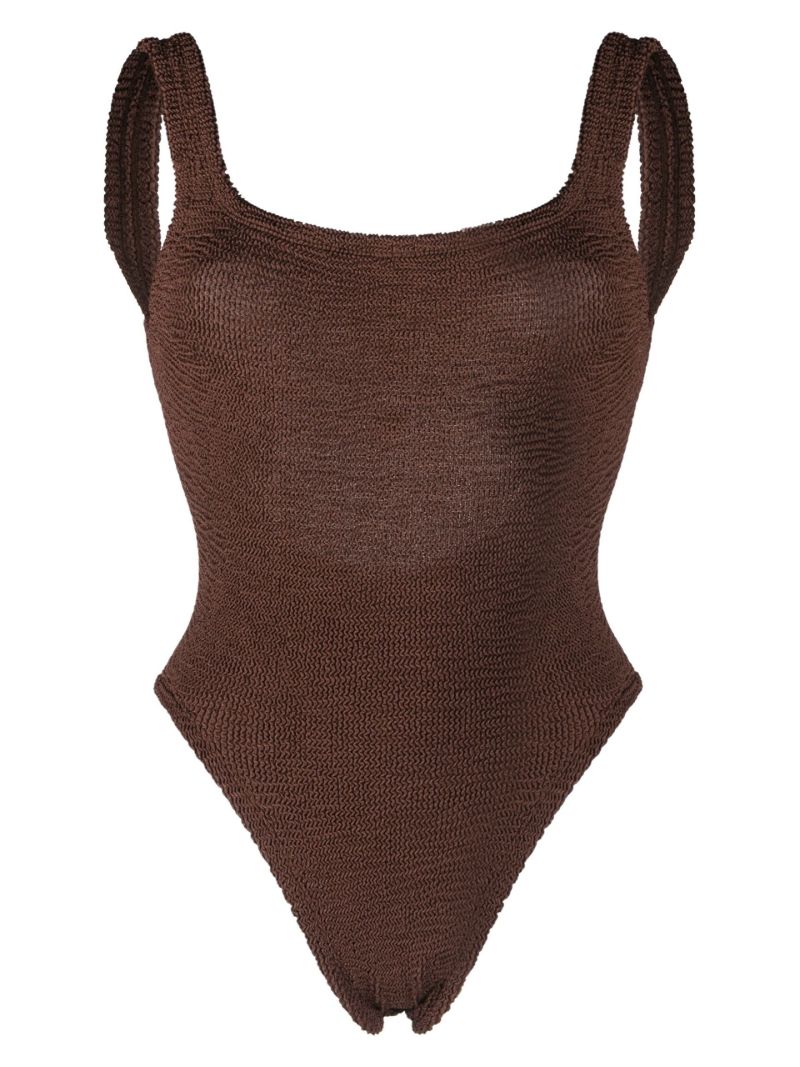 Brown Classic Square Neck Crinkle Swimsuit