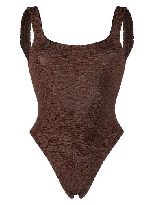 Brown Classic Square Neck Crinkle Swimsuit