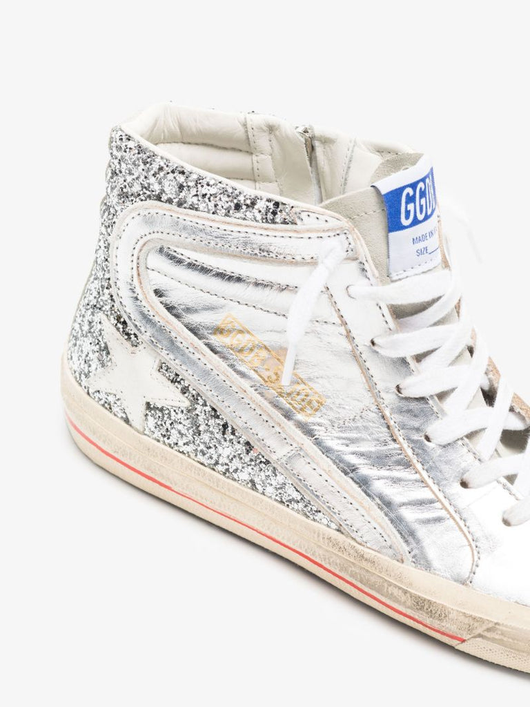 Silver Golden Goose Slide High Top Leather Sneakers