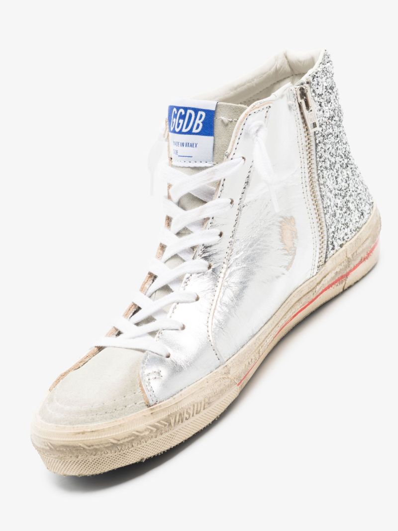 Silver Golden Goose Slide High Top Leather Sneakers