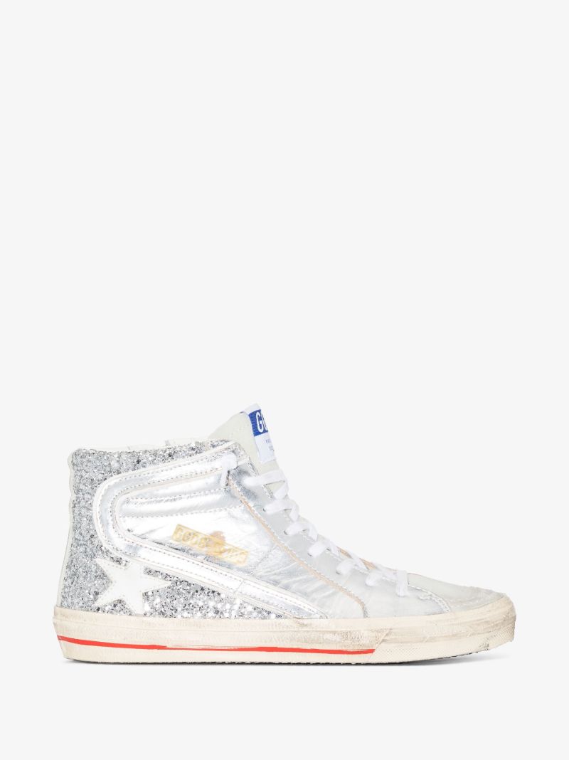 Silver Golden Goose Slide High Top Leather Sneakers