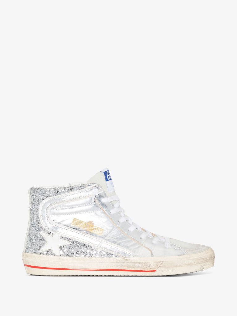 Silver Golden Goose Slide High Top Leather Sneakers