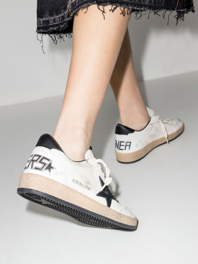 White and Black Ball Star Leather Sneakers