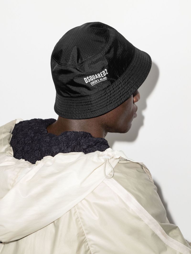Black Logo Print Ripstop Bucket Hat