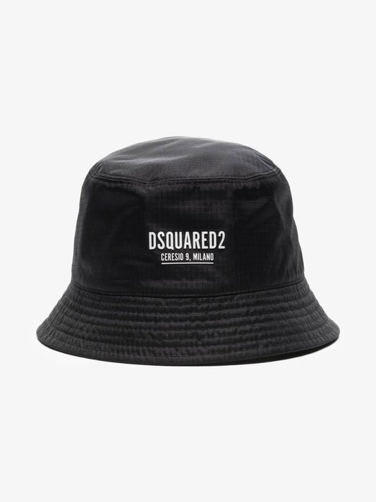 Black Logo Print Ripstop Bucket Hat