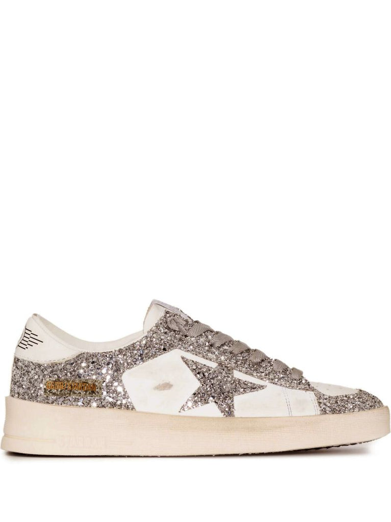 Silver and White Stardan Low Top Leather Sneakers