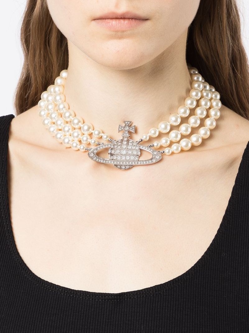 Silver-tone Relief Pearl Choker Necklace