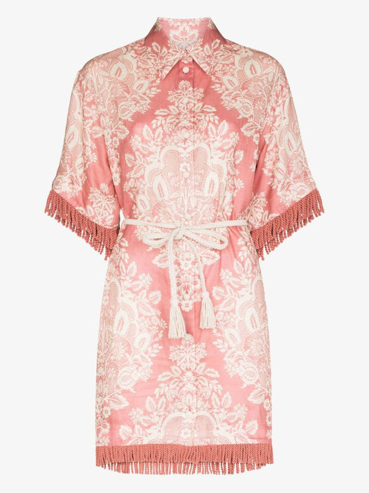 Pink Pattie Fringed Linen Mini Dress
