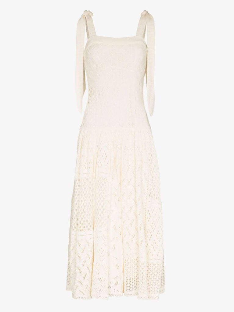 Neutral Shoulder Tie Crochet Maxi Dress