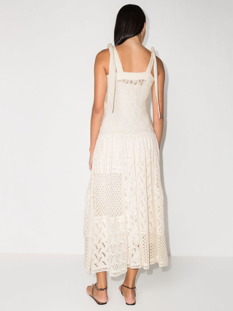 Neutral Shoulder Tie Crochet Maxi Dress