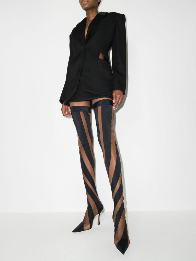 X Mugler Black 100 Spiral Thigh-high Boots