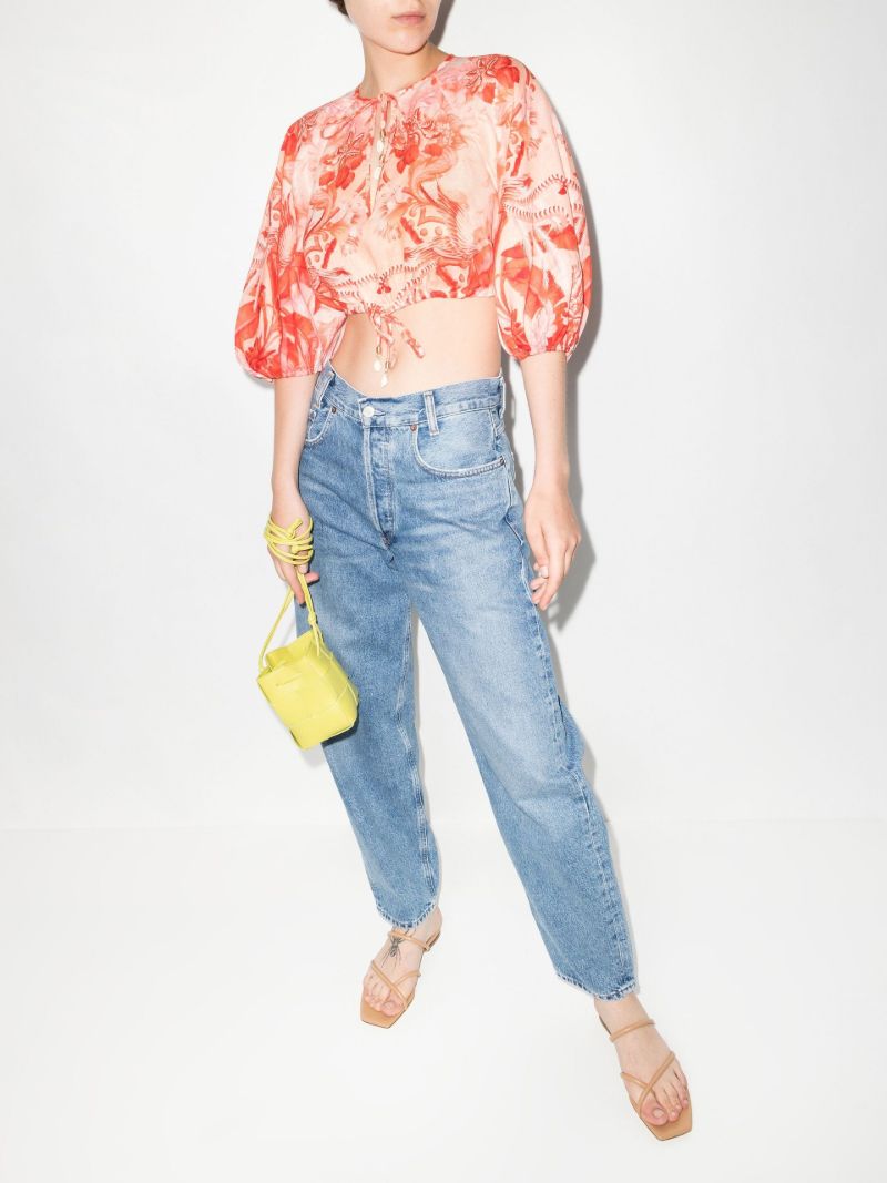 Red Lyre Palm Print Linen Cropped Blouse