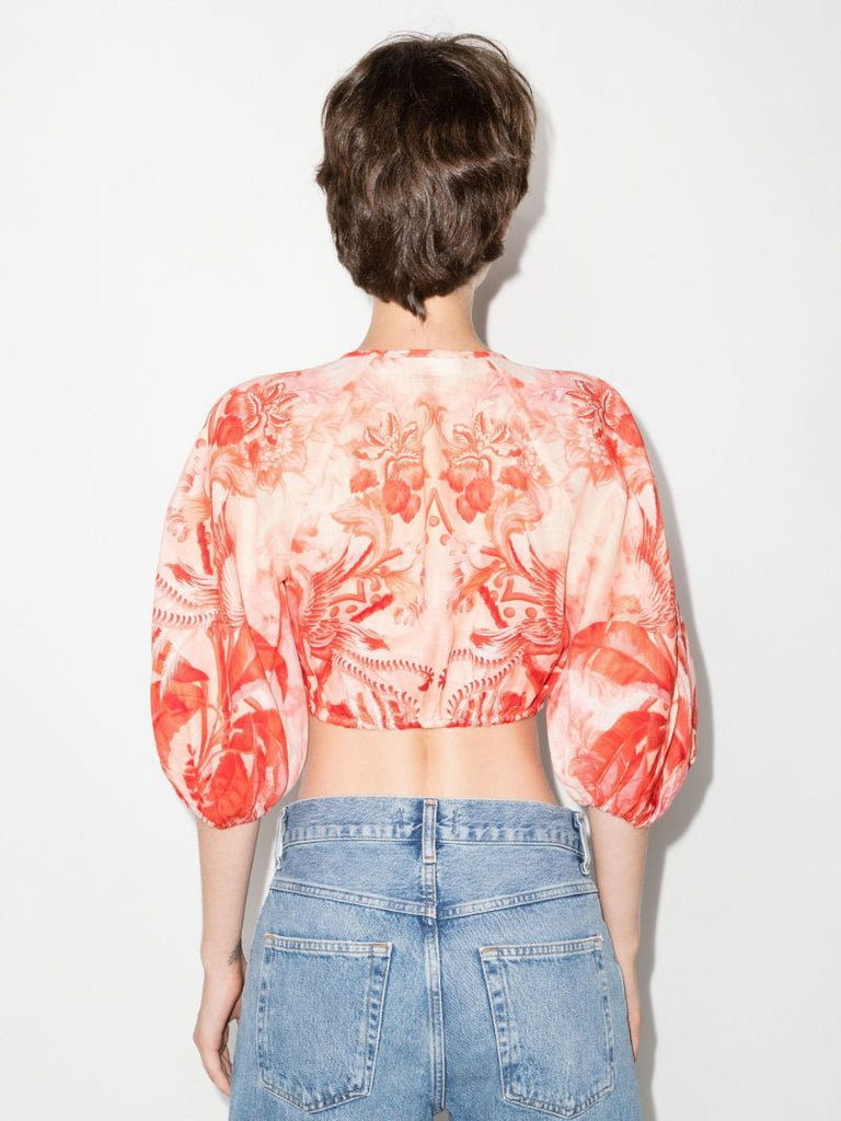 Red Lyre Palm Print Linen Cropped Blouse