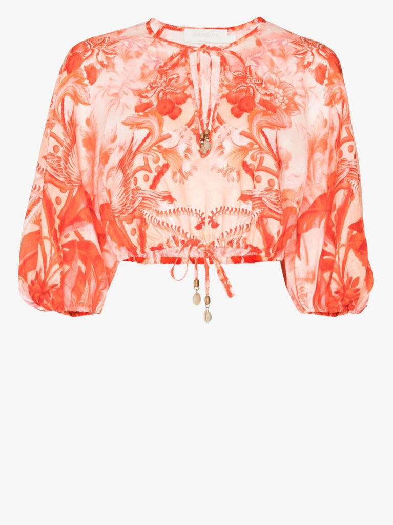Red Lyre Palm Print Linen Cropped Blouse