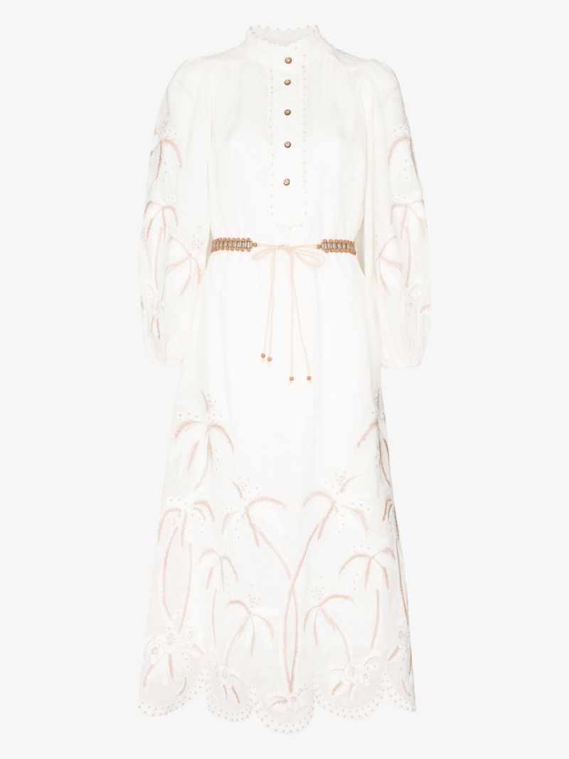 Neutral Lyre Embroidered Linen Midi Dress