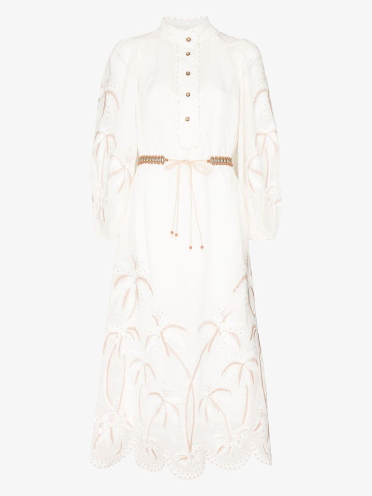 Neutral Lyre Embroidered Linen Midi Dress