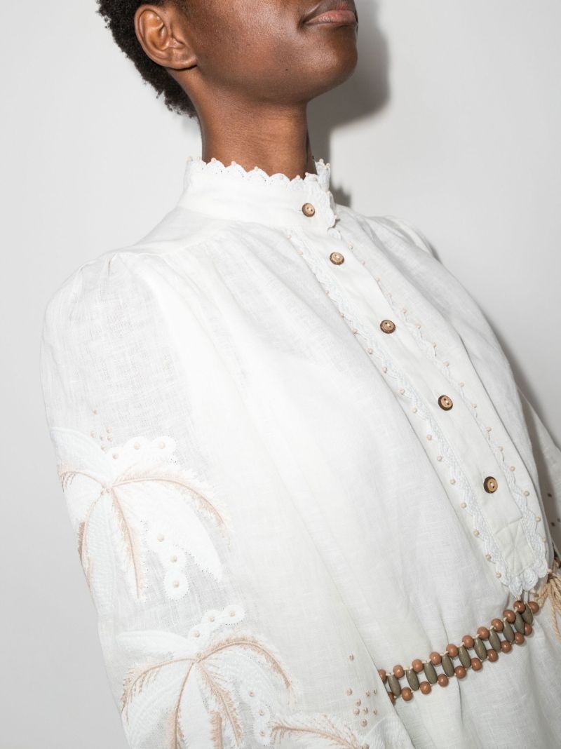 Neutral Lyre Embroidered Linen Midi Dress