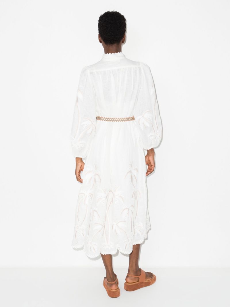 Neutral Lyre Embroidered Linen Midi Dress
