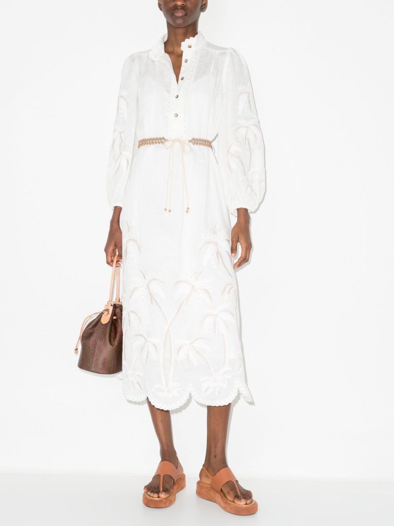 Neutral Lyre Embroidered Linen Midi Dress