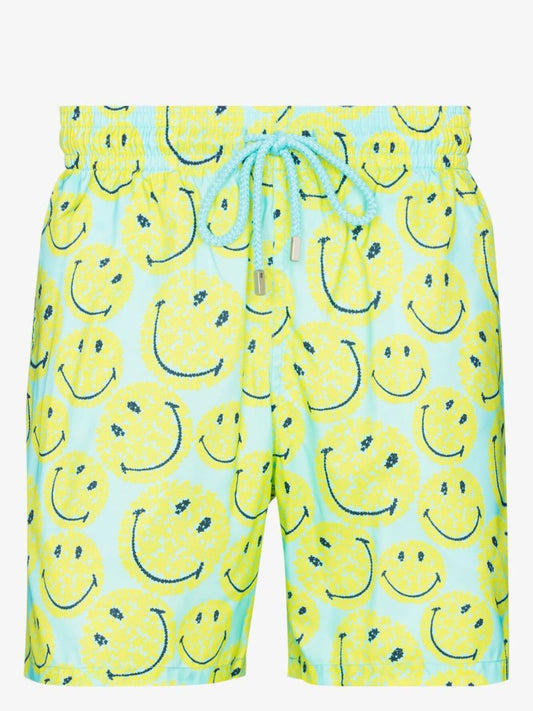 Blue Smiley Face Print Swim Shorts
