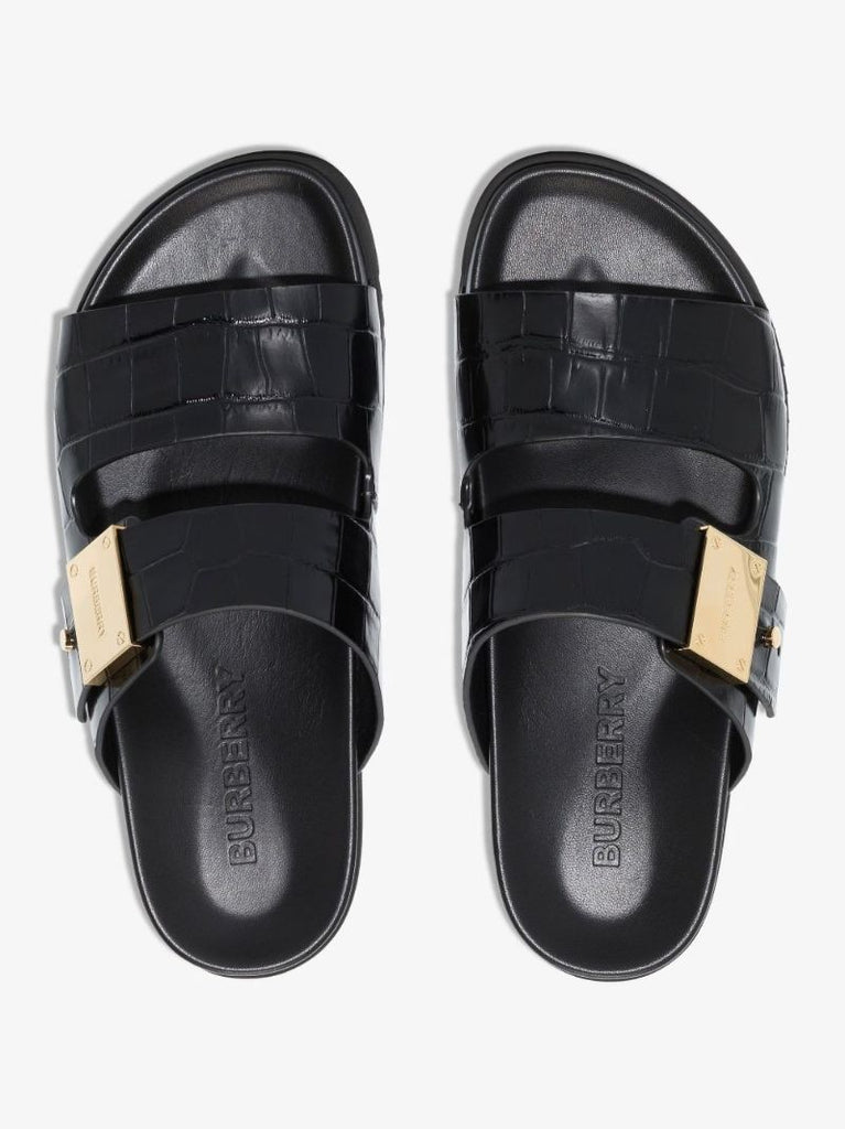 Black Olympia Mock Croc Leather Sandals