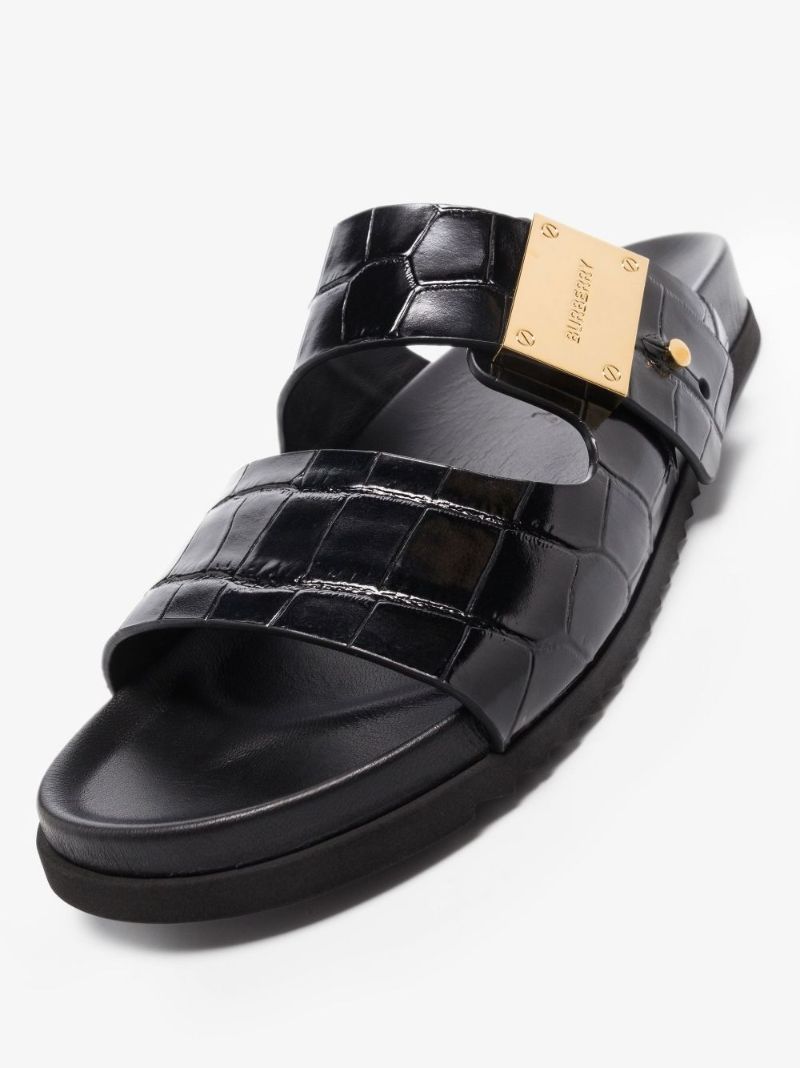 Black Olympia Mock Croc Leather Sandals