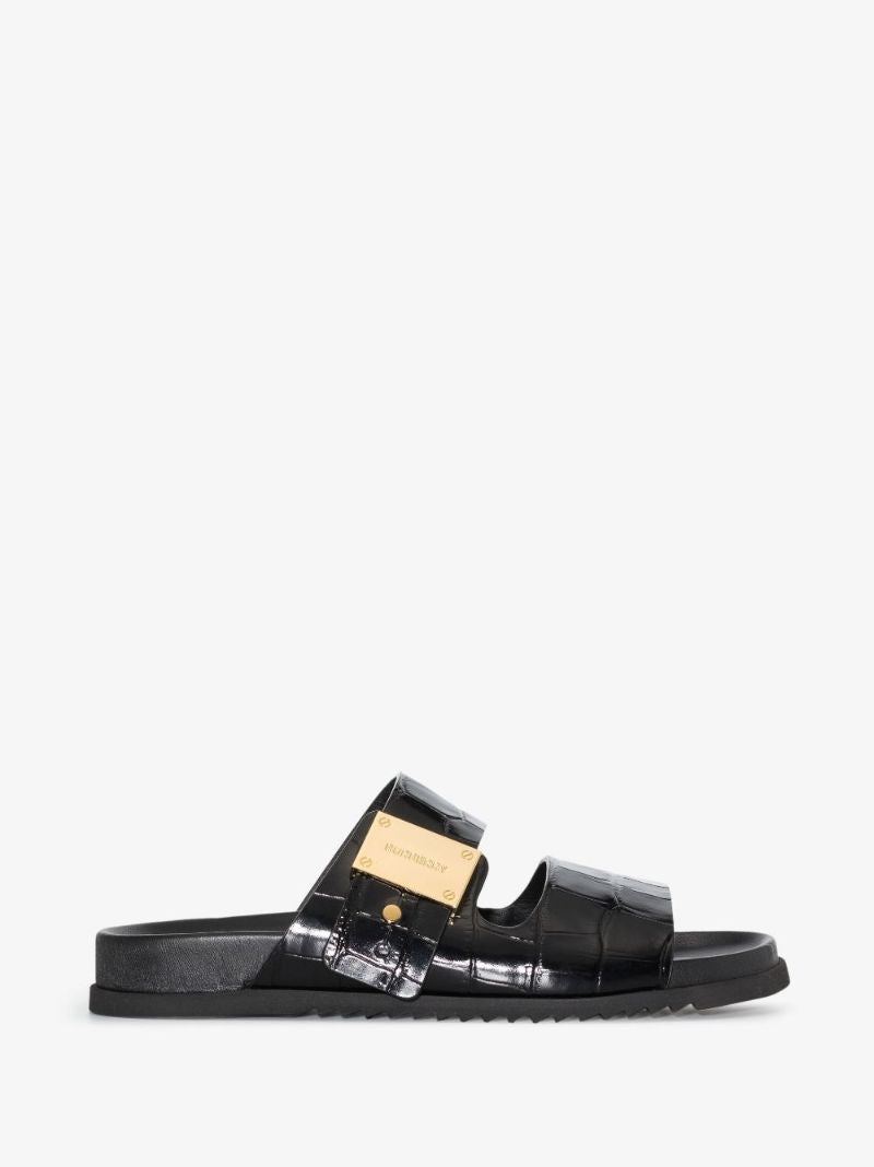 Black Olympia Mock Croc Leather Sandals