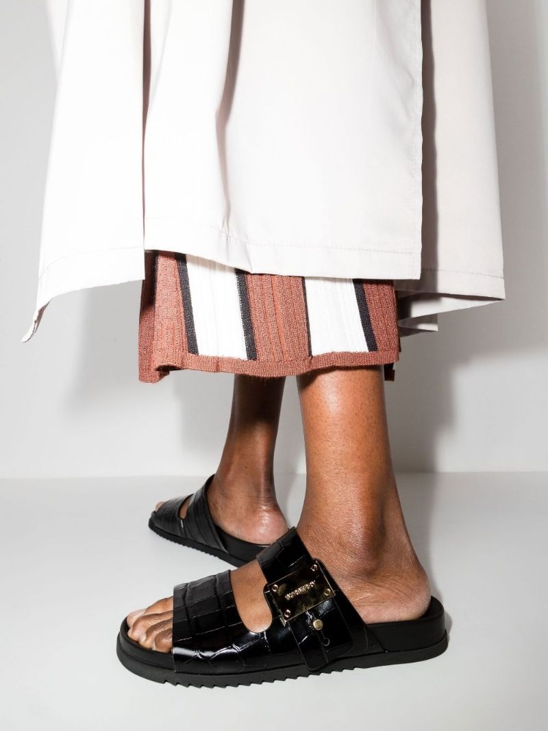 Black Olympia Mock Croc Leather Sandals