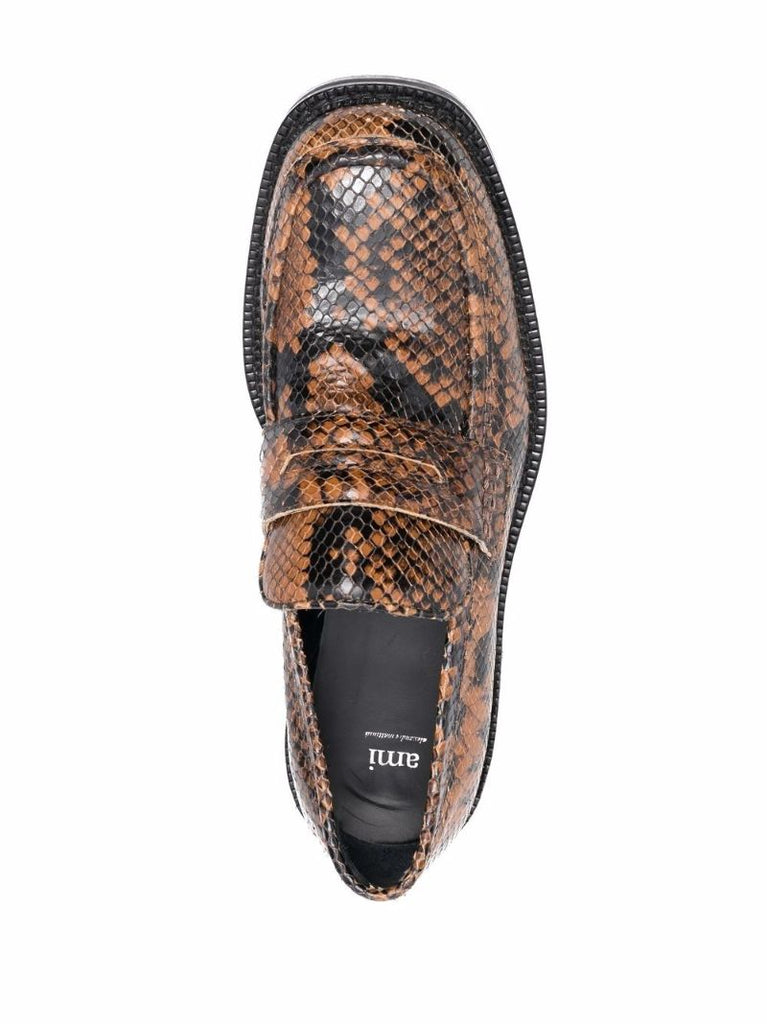 Brown Snakeskin Print Leather Loafers