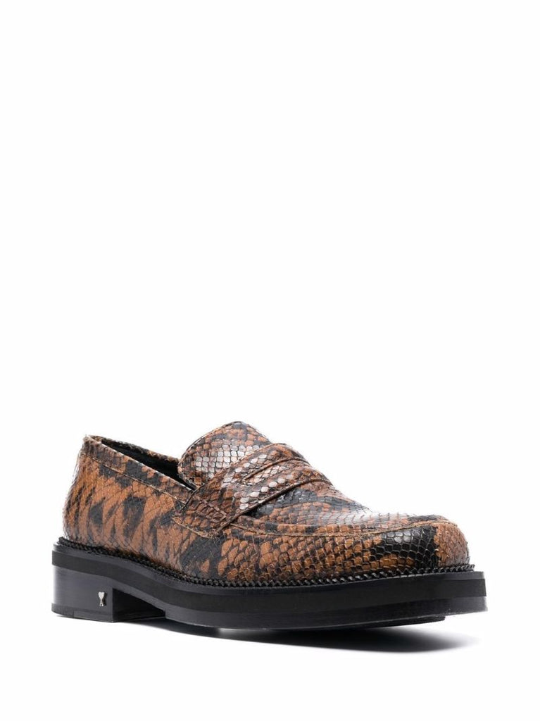 Brown Snakeskin Print Leather Loafers