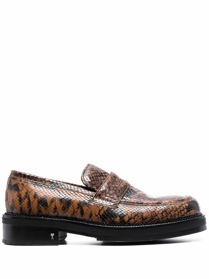 Brown Snakeskin Print Leather Loafers