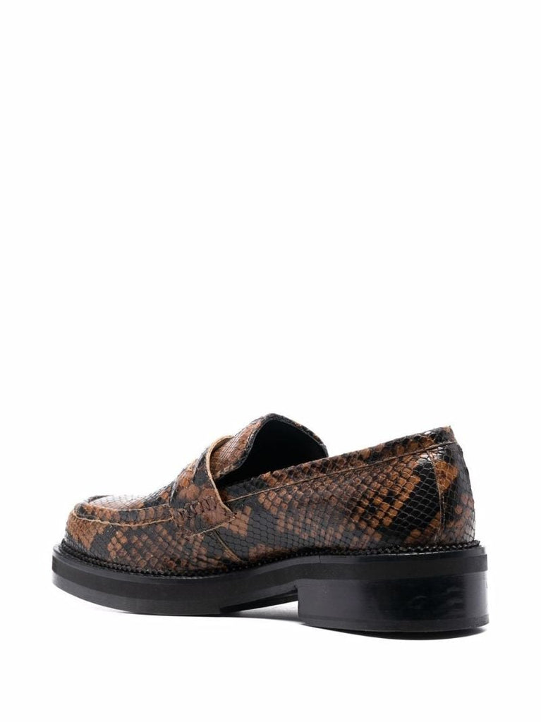 Brown Snakeskin Print Leather Loafers