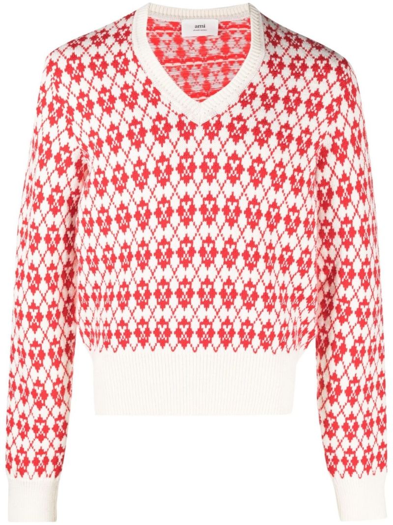 Ivory and Red Logo Jacquard Sweater
