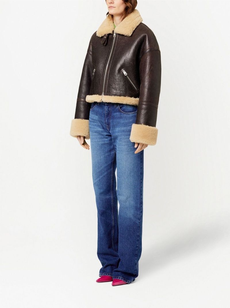 Brown Shearling-trimmed Cropped Jacket