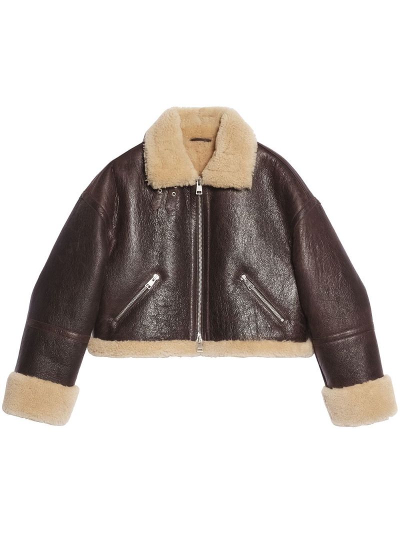 Brown Shearling-trimmed Cropped Jacket