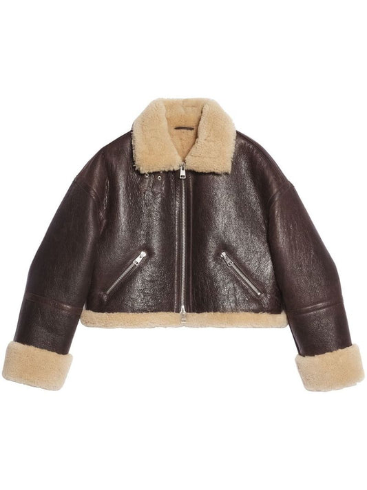 Brown Shearling-trimmed Cropped Jacket