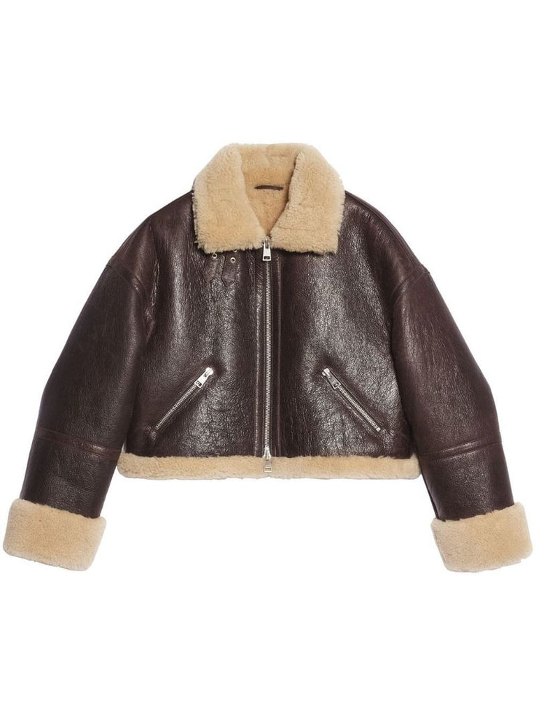 Brown Shearling-trimmed Cropped Jacket