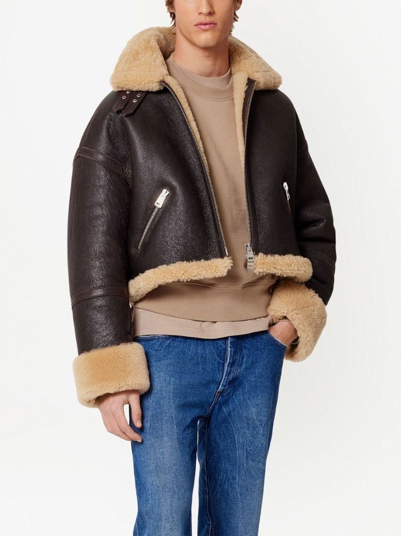 Brown Shearling-trimmed Cropped Jacket