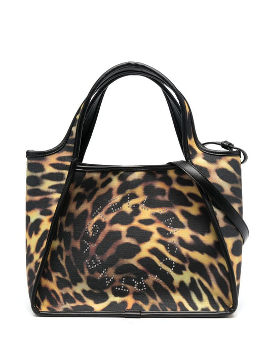 Black Leopard Print Studded Logo Tote Bag