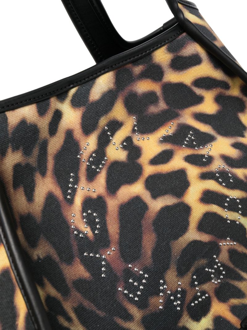 Black Leopard Print Studded Logo Tote Bag