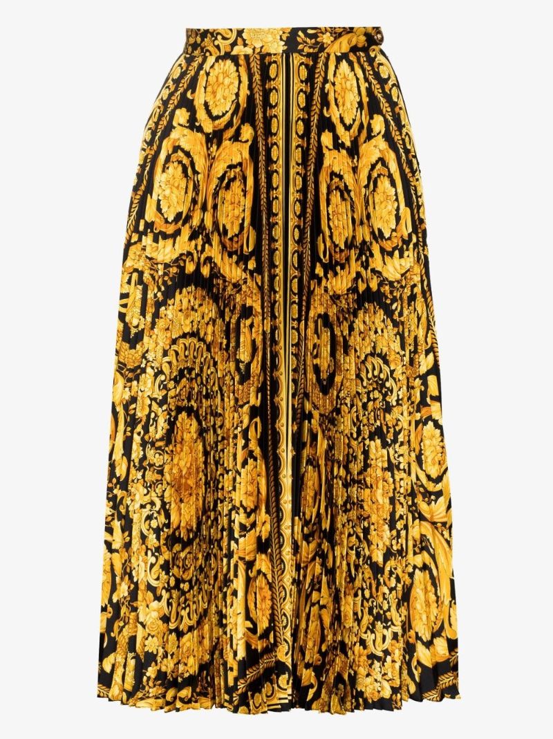 Black Baroque Print Pleated Midi Skirt